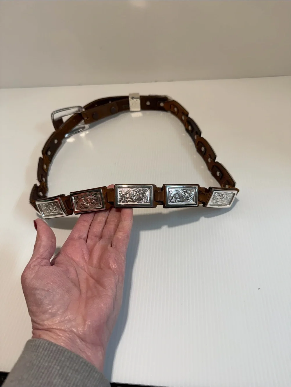 Vintage Western Ranger Belt Size 34 Brown Leather Silver Segment Plaque Concho
